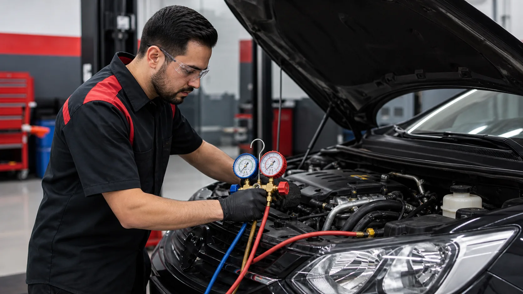 Técnico realizando diagnóstico de aire acondicionado automotriz con manómetros