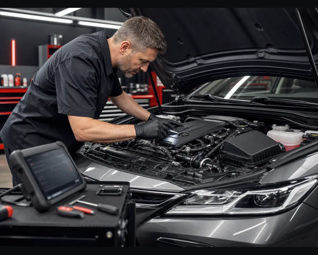 Mecánico revisando motor Toyota en taller de Guadalupe