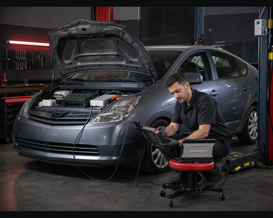 Vehículo híbrido en diagnóstico dentro de taller automotriz